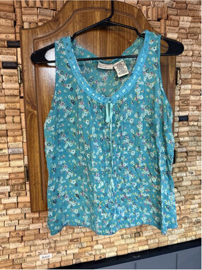 VTG White Stag Floral Beaded Cotton Tank Top With Lace Trim Detail Cottage